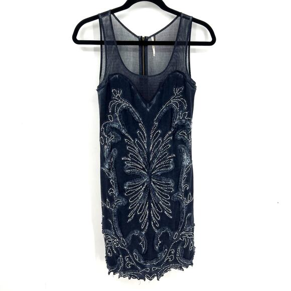 Free People Ice Ice Baby Beaded Sapphire Blue Mesh Beaded Mini Dress Size XS - Picture 2 of 10
